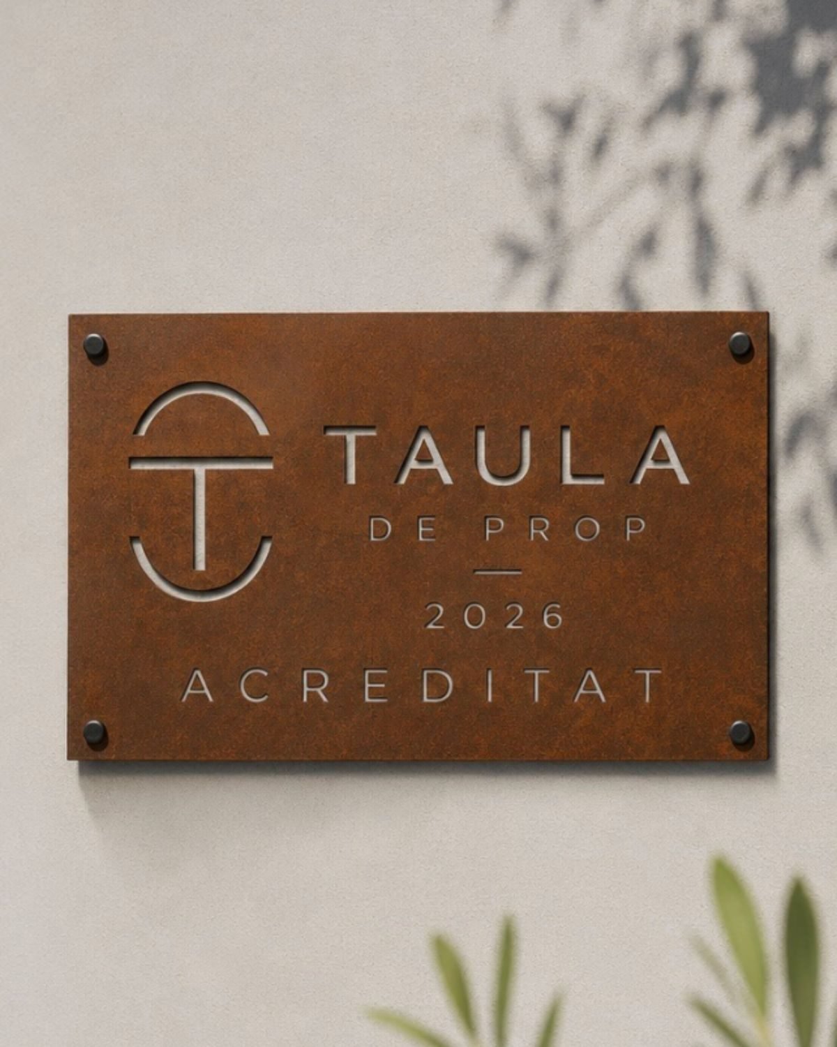 Placa de acero corten TAULA de prop, distintivo de proveedor homologado, en fachada de establecimiento